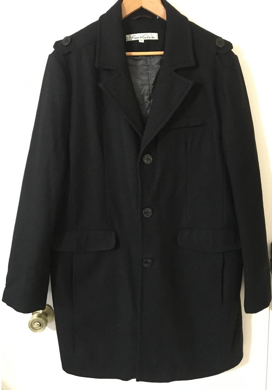 Kenneth Cole, New York Large Black Wool Blend Over Coat With Gray Quilted Lining